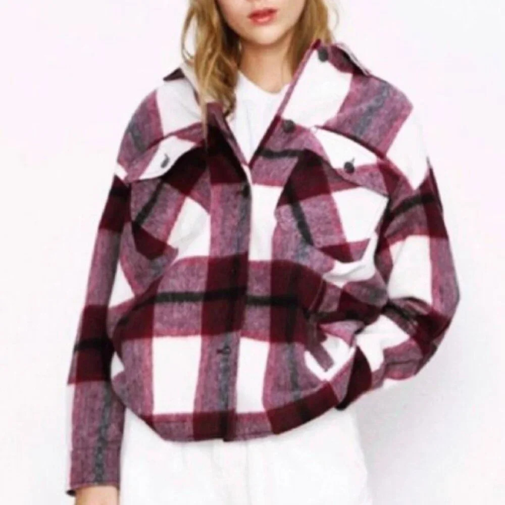 Zara Purple Shacket Jacket Cream Plaid Overshirt 29674